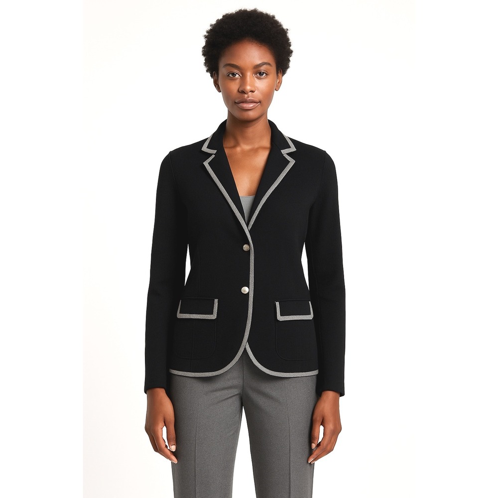 Ann Taylor LOFT Black Knit Blazer Jacket with Grey Trim Two Button M 93-25